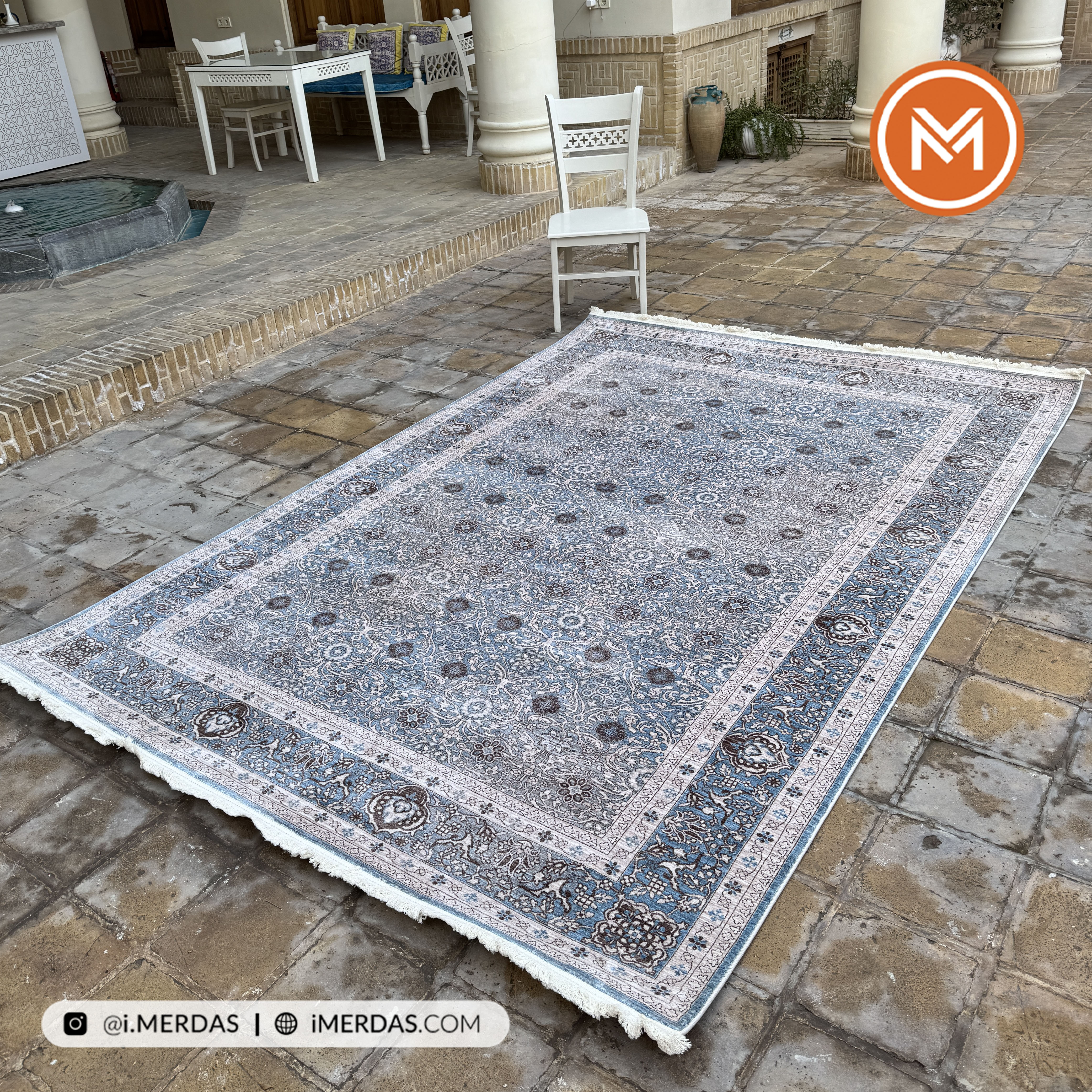 فرش وینتیج کد 76007 زمینه آبی قهوه ای